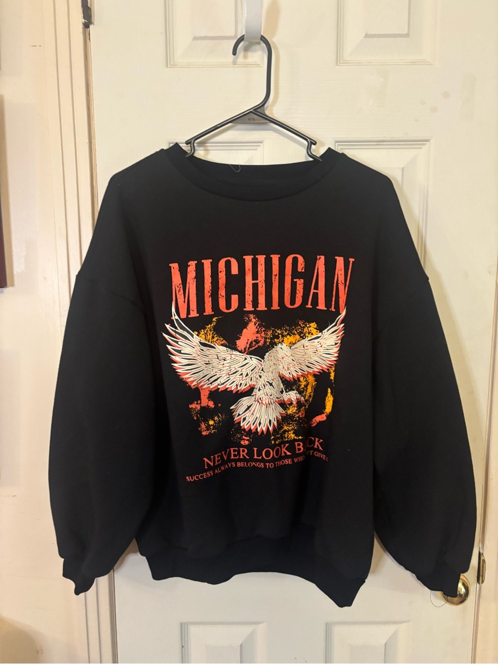 SHEIN Black Sweatshirt with Orange & White Michigan Eagle Graphic